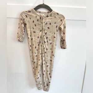 Christmas/Holiday Lights Onesie/footie. Tan w/ green & red Christmas lights.